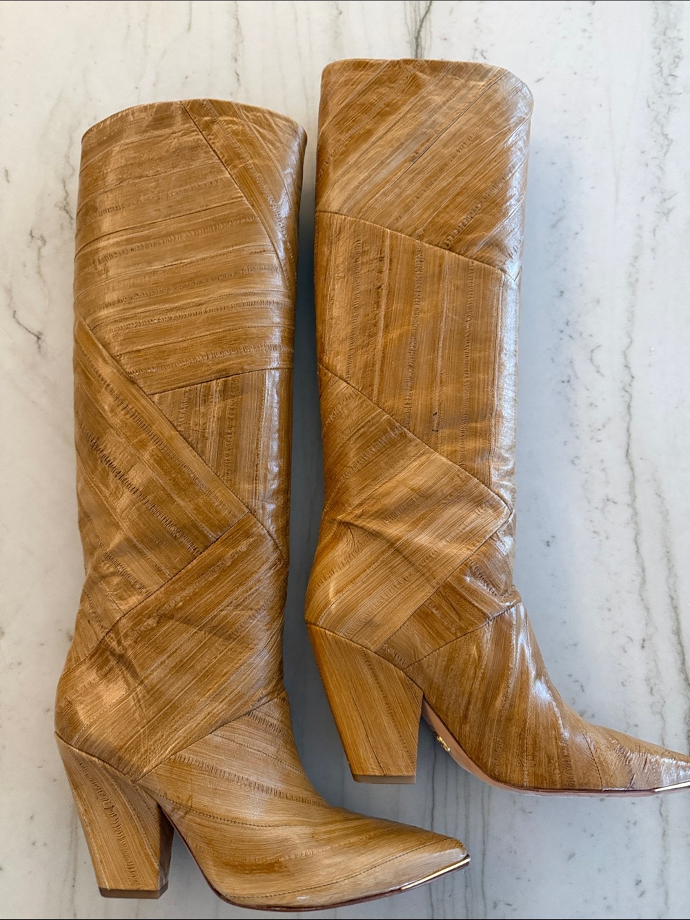 Tory Burch patchwork Lila eel leather knee boots size 9.5 vintage feel